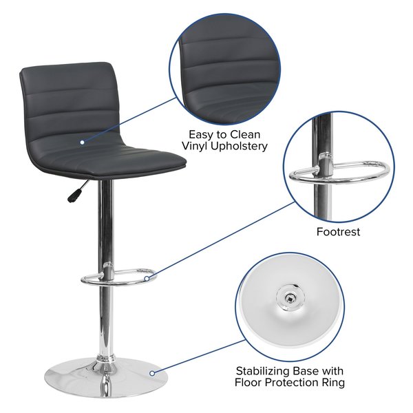Gray Vinyl Adjust Barstool, Counter Ht Swivel, Chrome Pedestal Base, PK2