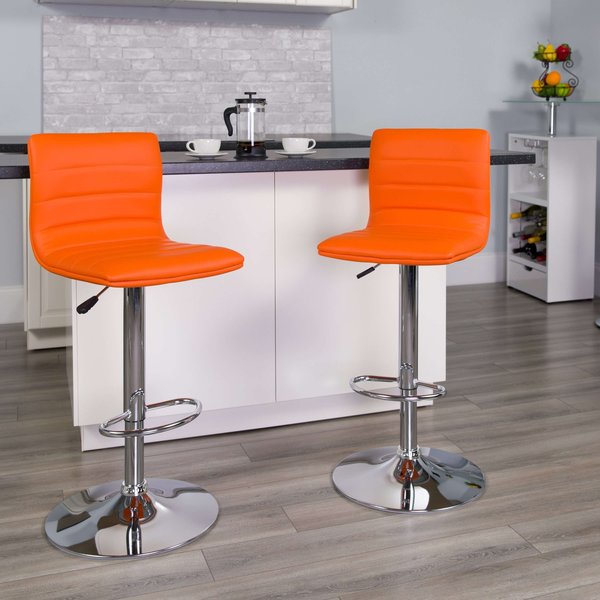 Orange Vinyl Adjust Barstool, Counter Ht Swivel, Chrome Ped Base, PK2