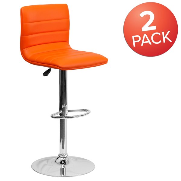 Orange Vinyl Adjust Barstool, Counter Ht Swivel, Chrome Ped Base, PK2