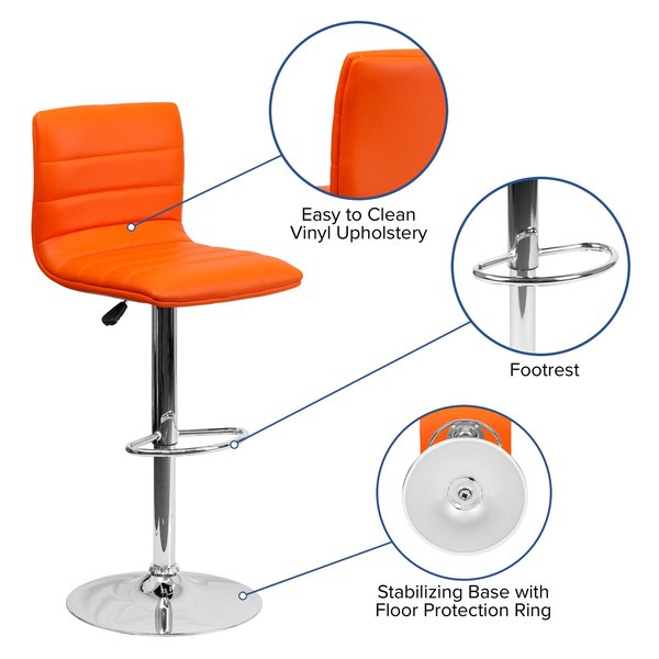 Orange Vinyl Adjust Barstool, Counter Ht Swivel, Chrome Ped Base, PK2