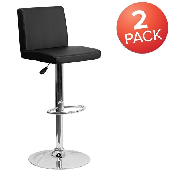 Black Vinyl Adjustable Height Barstool, Panel Back, Chrome Base, PK2