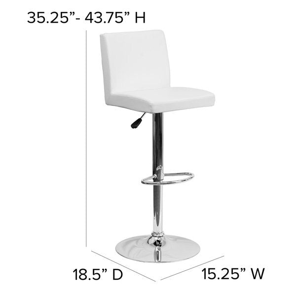 White Vinyl Adjustable Height Barstool, Panel Back, Chrome Base, PK2