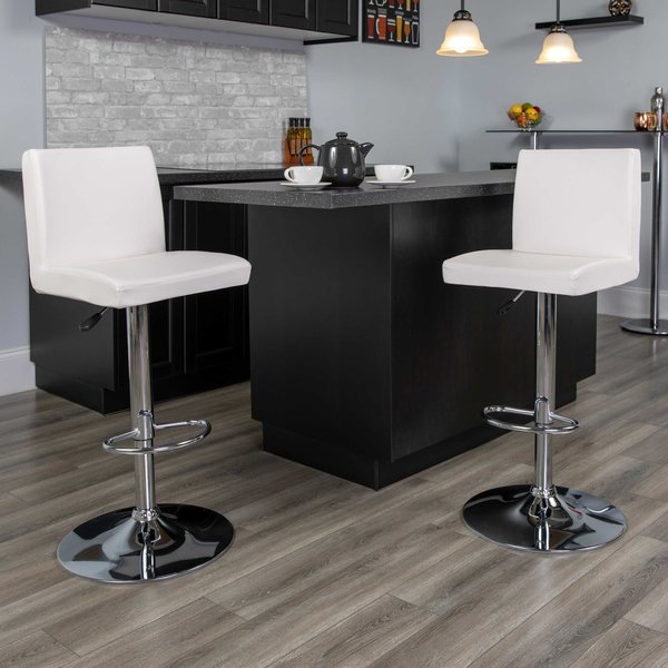 White Vinyl Adjustable Height Barstool, Panel Back, Chrome Base, PK2