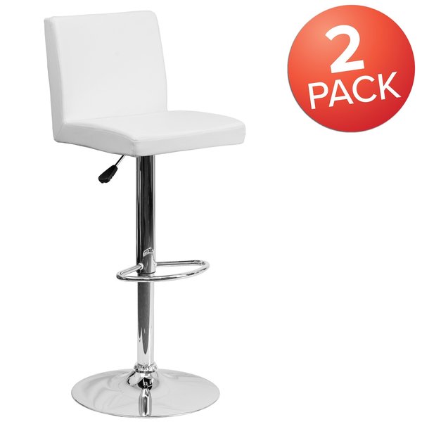 White Vinyl Adjustable Height Barstool, Panel Back, Chrome Base, PK2