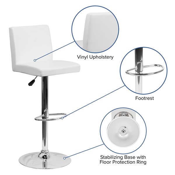 White Vinyl Adjustable Height Barstool, Panel Back, Chrome Base, PK2