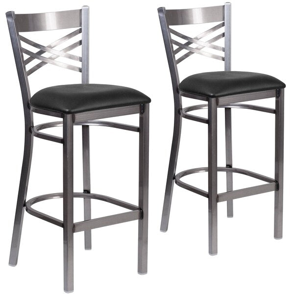 Clear Coated ''X'' Back Metal Restaurant Barstool, Black Vinyl Seat, PK2