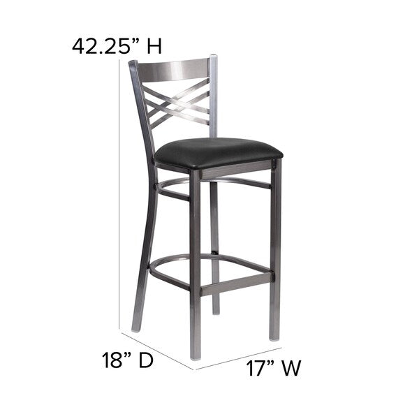 Clear Coated ''X'' Back Metal Restaurant Barstool, Black Vinyl Seat, PK2