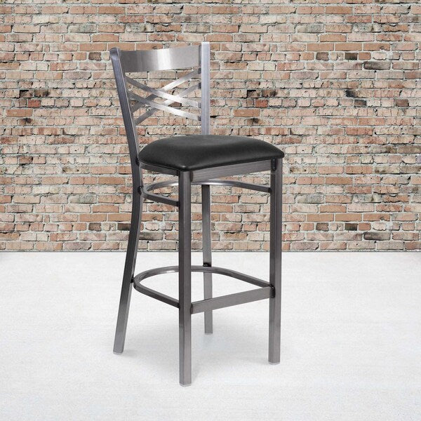 Clear Coated ''X'' Back Metal Restaurant Barstool, Black Vinyl Seat, PK2