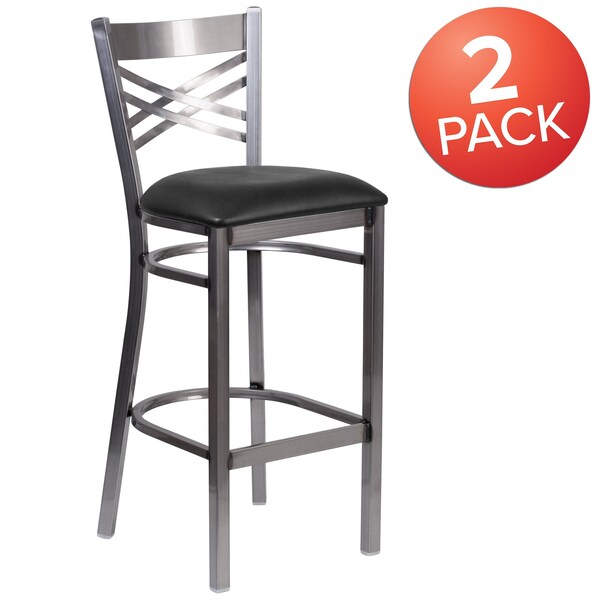 Clear Coated ''X'' Back Metal Restaurant Barstool, Black Vinyl Seat, PK2