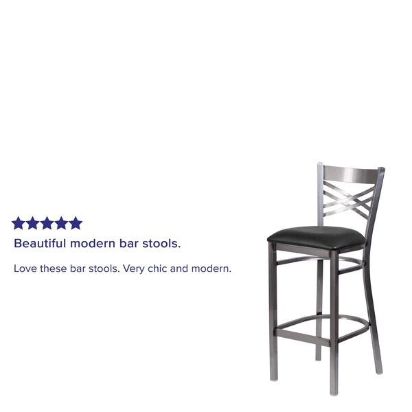 Clear Coated ''X'' Back Metal Restaurant Barstool, Black Vinyl Seat, PK2