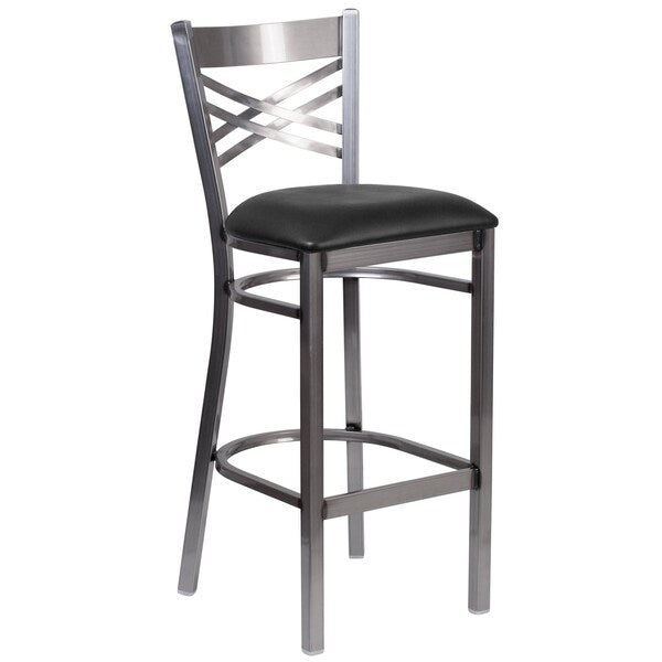 Clear Coated ''X'' Back Metal Restaurant Barstool, Black Vinyl Seat, PK2