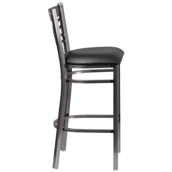Clear Coated ''X'' Back Metal Restaurant Barstool, Black Vinyl Seat, PK2