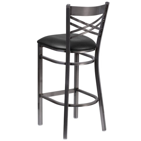Clear Coated ''X'' Back Metal Restaurant Barstool, Black Vinyl Seat, PK2