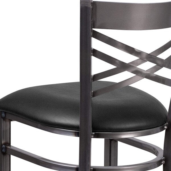 Clear Coated ''X'' Back Metal Restaurant Barstool, Black Vinyl Seat, PK2