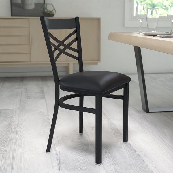 Black ''X'' Back Metal Restaurant Chair, Black Vinyl Seat, PK2