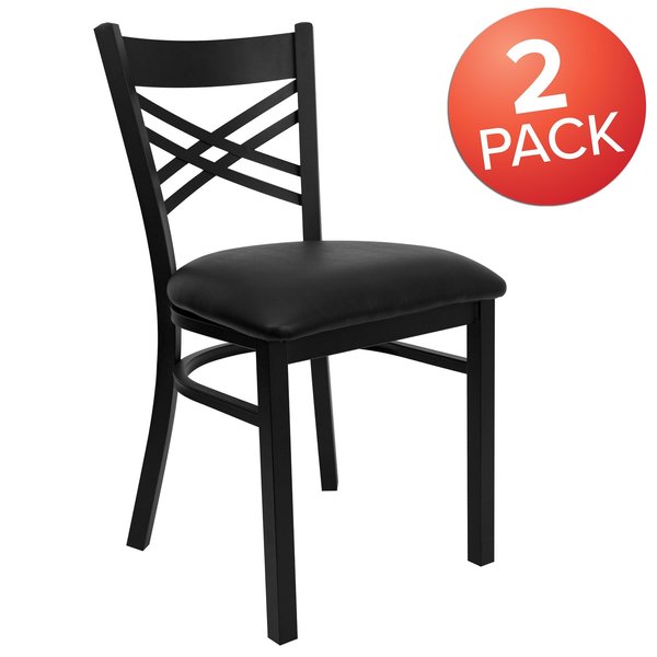 Black ''X'' Back Metal Restaurant Chair, Black Vinyl Seat, PK2