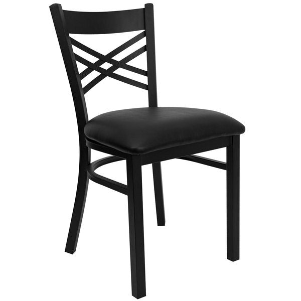 Black ''X'' Back Metal Restaurant Chair, Black Vinyl Seat, PK2