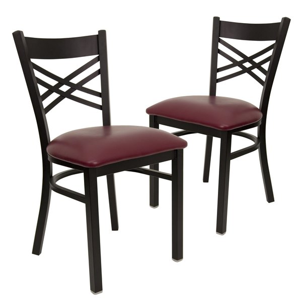 Black ''X'' Back Metal Restaurant Chair, Burgundy Vinyl Seat, PK2