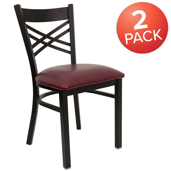 Black ''X'' Back Metal Restaurant Chair, Burgundy Vinyl Seat, PK2