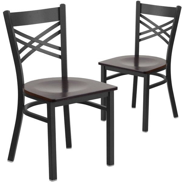 Black ''X'' Back Metal Restaurant Chair, Walnut Wood Seat, PK2