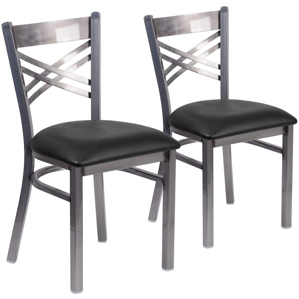 Clear Coated ''X'' Back Metal Restaurant Chair, Black Vinyl Seat, PK2