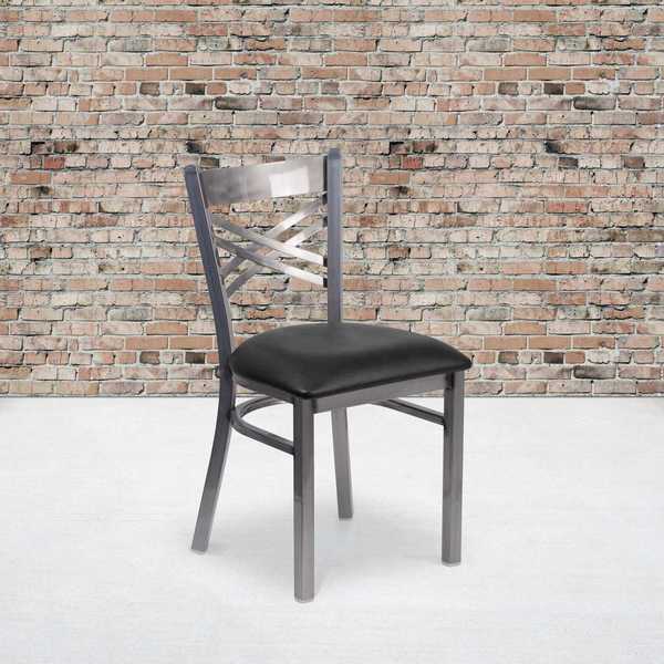 Clear Coated ''X'' Back Metal Restaurant Chair, Black Vinyl Seat, PK2