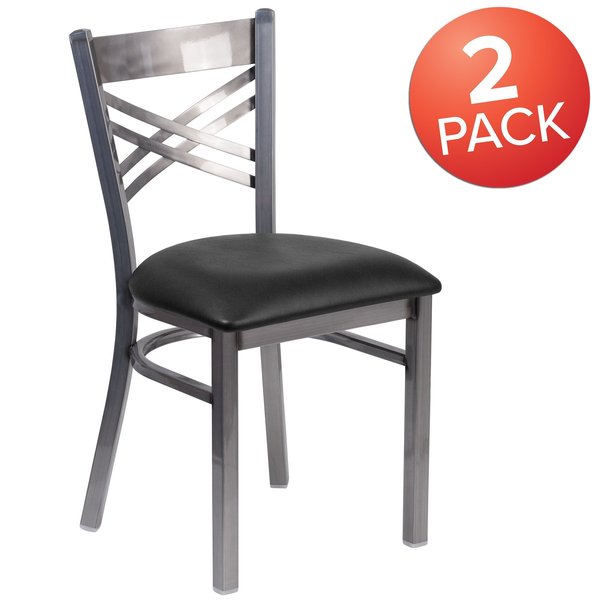 Clear Coated ''X'' Back Metal Restaurant Chair, Black Vinyl Seat, PK2
