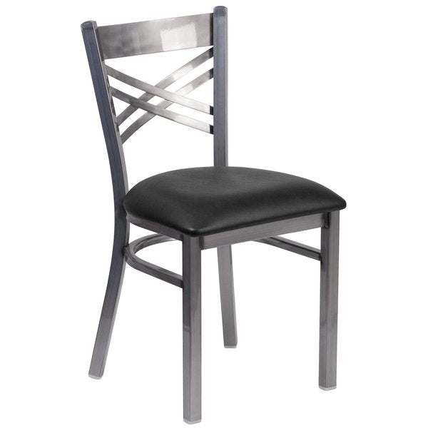 Clear Coated ''X'' Back Metal Restaurant Chair, Black Vinyl Seat, PK2