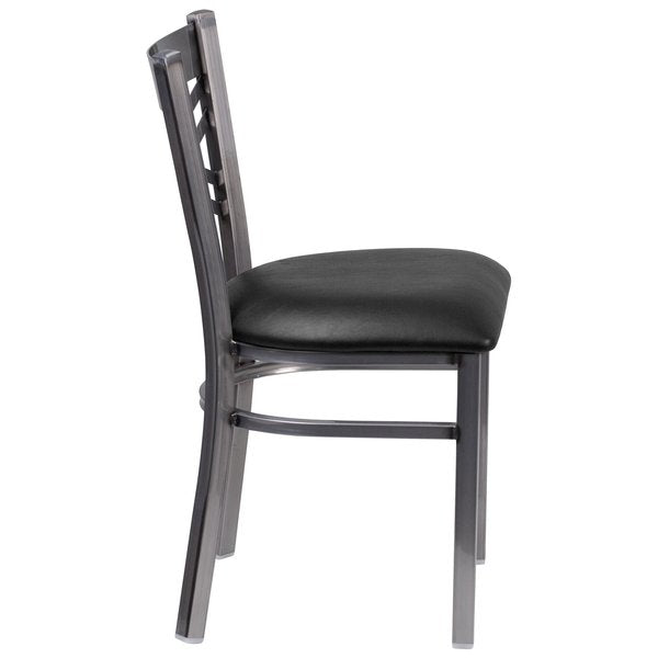 Clear Coated ''X'' Back Metal Restaurant Chair, Black Vinyl Seat, PK2