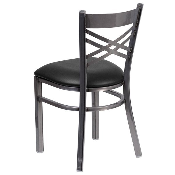 Clear Coated ''X'' Back Metal Restaurant Chair, Black Vinyl Seat, PK2