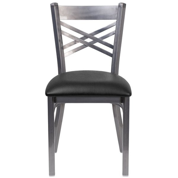 Clear Coated ''X'' Back Metal Restaurant Chair, Black Vinyl Seat, PK2