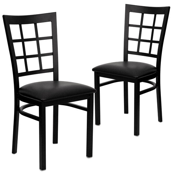 Black Window Back Metal Restaurant Chair, Black Vinyl Seat, PK2