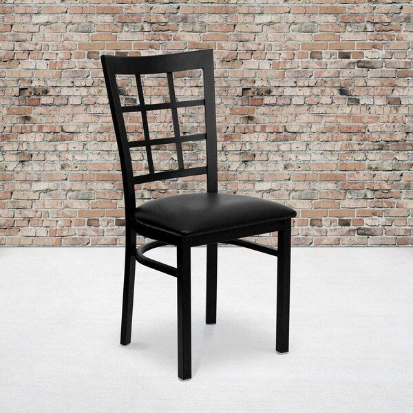 Black Window Back Metal Restaurant Chair, Black Vinyl Seat, PK2
