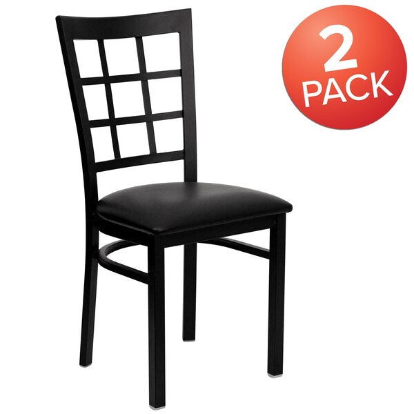 Black Window Back Metal Restaurant Chair, Black Vinyl Seat, PK2