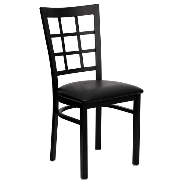 Black Window Back Metal Restaurant Chair, Black Vinyl Seat, PK2