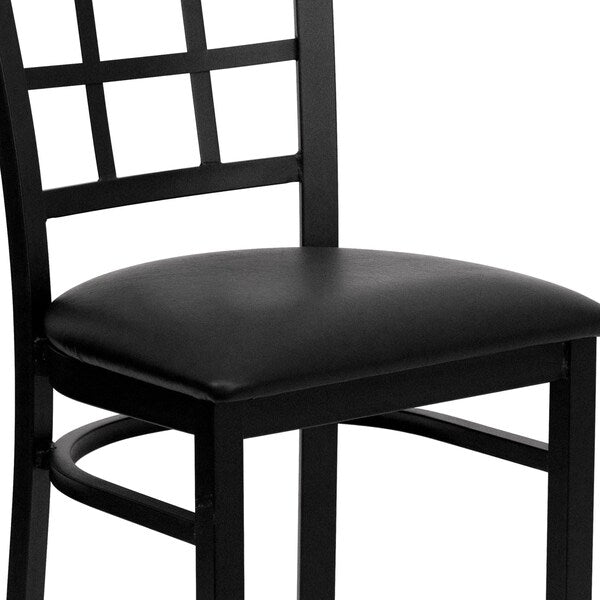 Black Window Back Metal Restaurant Chair, Black Vinyl Seat, PK2