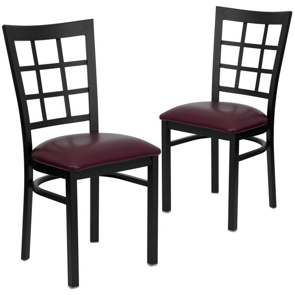 Black Window Back Metal Restaurant Chair, Burgundy Vinyl Seat, PK2