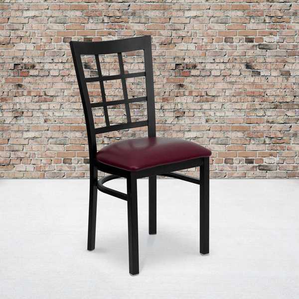 Black Window Back Metal Restaurant Chair, Burgundy Vinyl Seat, PK2