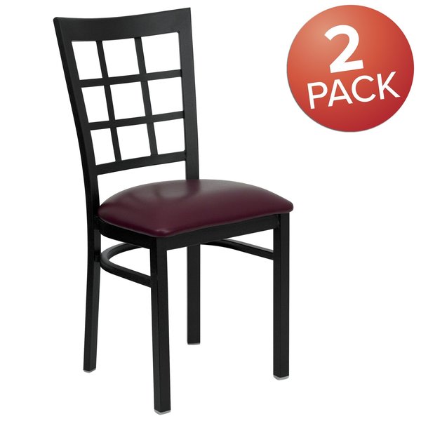 Black Window Back Metal Restaurant Chair, Burgundy Vinyl Seat, PK2