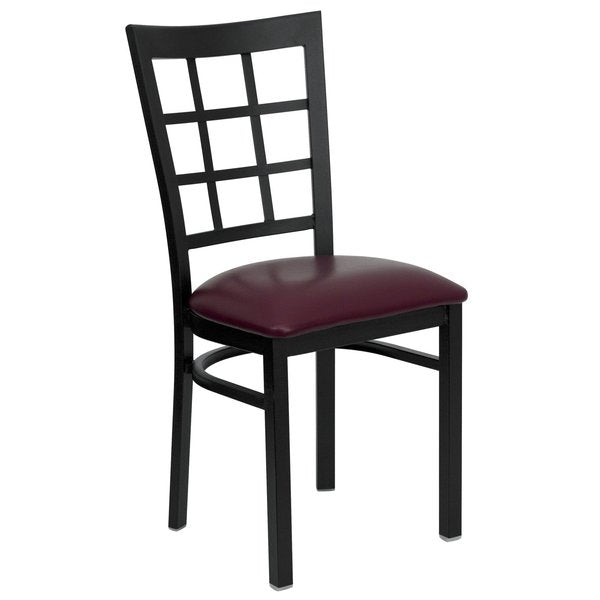 Black Window Back Metal Restaurant Chair, Burgundy Vinyl Seat, PK2