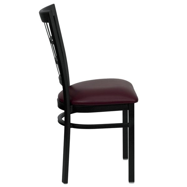 Black Window Back Metal Restaurant Chair, Burgundy Vinyl Seat, PK2