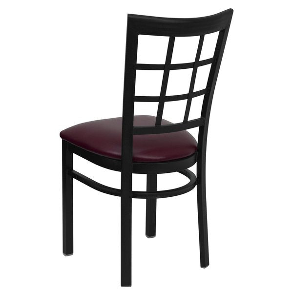 Black Window Back Metal Restaurant Chair, Burgundy Vinyl Seat, PK2