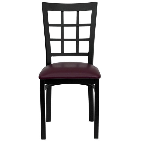 Black Window Back Metal Restaurant Chair, Burgundy Vinyl Seat, PK2
