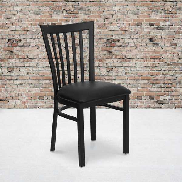 Black School House Back Metal Restaurant Chair, Black Vinyl Seat, PK2