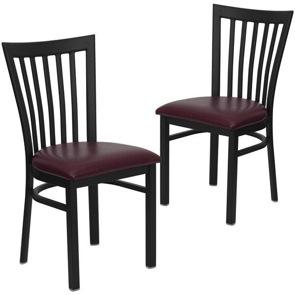 Black School House Back Metal Restaurant Chair, Burgundy Vinyl Seat, PK2