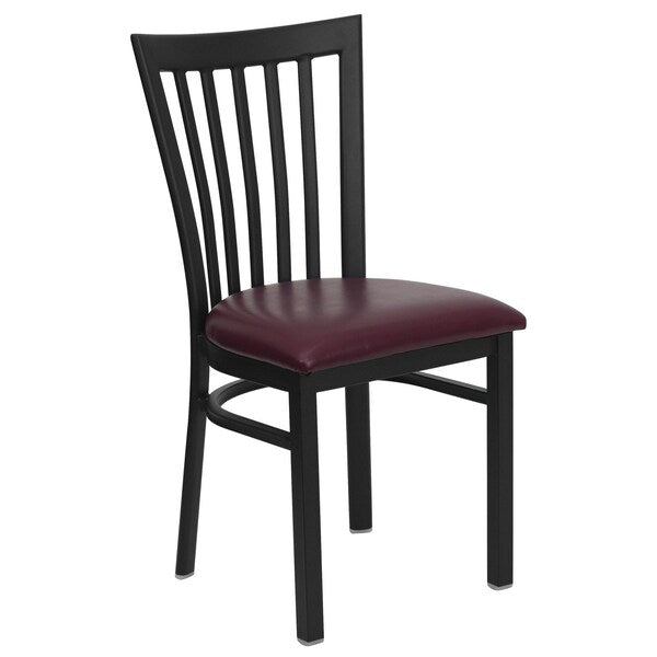 Black School House Back Metal Restaurant Chair, Burgundy Vinyl Seat, PK2