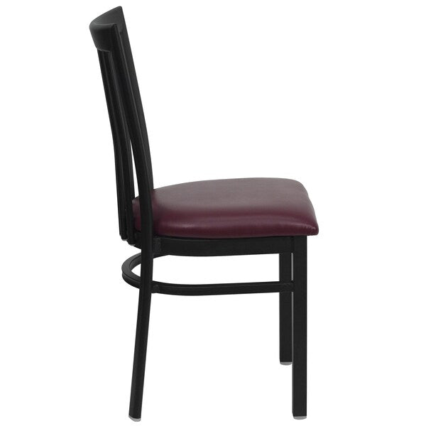 Black School House Back Metal Restaurant Chair, Burgundy Vinyl Seat, PK2