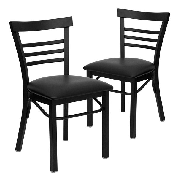 Black Three-Slat Ladder Back Metal Chair, Black Vinyl Seat, PK2