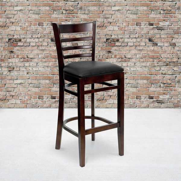 Ladder Back Walnut Wood Restaurant Barstool, Black Vinyl Seat, PK2
