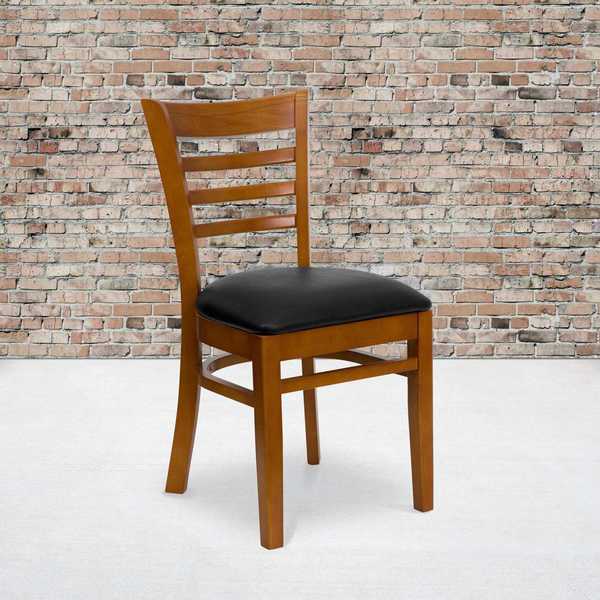 Ladder Back Cherry Wood Restaurant Chair, Black Vinyl Seat, PK2